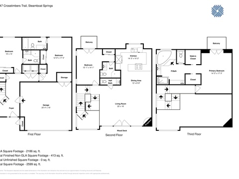 A complete layout of your three-story vacation home, showcasing four bedrooms, multiple bathrooms, a spacious living area, full kitchen, and private balconies on two floors.