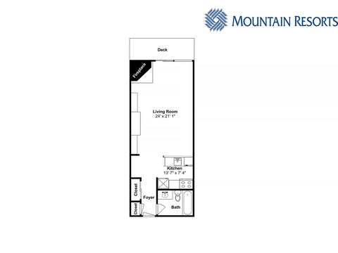 A smart studio layout with a fireplace anchoring your living space, an efficient kitchen for easy meal prep, and a private deck where mountain mornings feel extra peaceful.