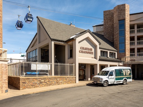 Chateau Chamonix entrance located at the base of Park City Mountain, with ski lift access and complimentary shuttle service nearby.