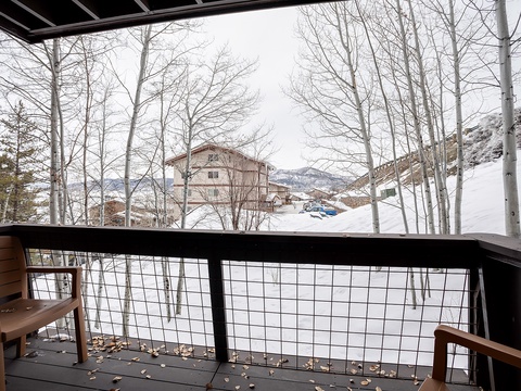 The surrounding mountain and forest area as viewed from the balcony, capturing a peaceful winter landscape with snow-covered terrain and bare aspen trees framing nearby properties.