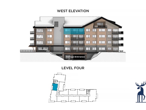 Architectural rendering showing a modern multi-story building with a contemporary mix of materials and a convenient garage entrance, situated in a natural mountain setting.