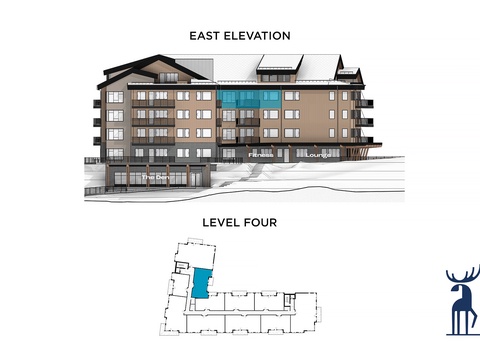 This architectural rendering depicts a multi-level property building with a slope-side location, showing the east elevation and fourth-floor layout of the complex.