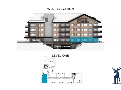This architectural diagram shows the property's west-facing exterior and ground level layout with parking access.