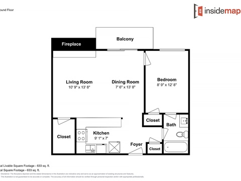 This floor plan shows a well-organized layout with an open living and dining area, a dedicated bedroom, a fireplace for cozy evenings, and a private balcony where you can relax and unwind.