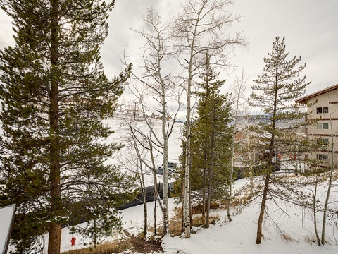 Snow-covered grounds framed by evergreens and bare winter trees, with the main building visible on the hillside—a peaceful mountain retreat setting.