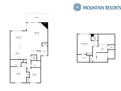 A multi-level floor plan showcasing the spacious layout with a master suite, loft, balcony, and open living areas—designed to help you visualize your mountain getaway.