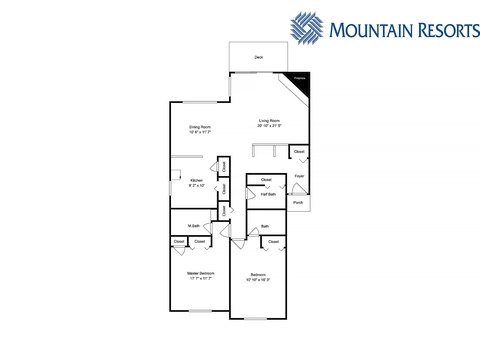 A detailed layout showing two bedrooms, two baths, a spacious living area, dining room, kitchen, deck, and multiple closets—everything you need for a comfortable mountain getaway.