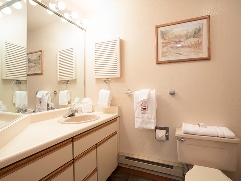 A welcoming bathroom offers ample counter space, plush towels, and warm vanity lighting to refresh after your mountain adventures.