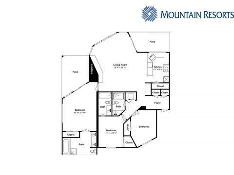 Review this spacious floor plan featuring three bedrooms with generous closet space, a full kitchen, and two inviting patios perfect for morning coffee or evening relaxation.