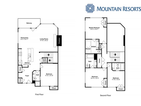 A detailed floor plan showing the layout of this spacious vacation rental with multiple bedrooms, bathrooms, and living spaces spread across two floors.