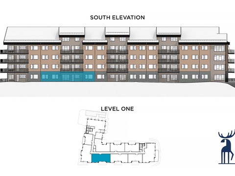 The architectural elevation shows the property's south-facing exterior with modern multi-level design and the highlighted first-floor unit placement.