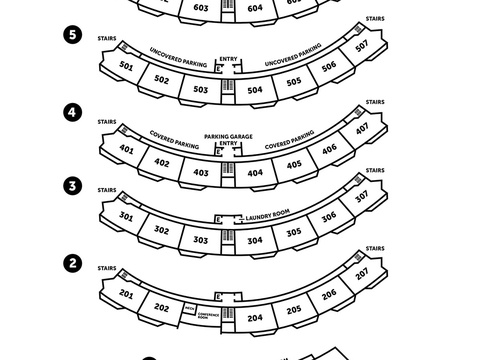 A detailed layout of the Bronze Tree Condominiums complex, showing six floors with numbered units, stairwells, parking areas, laundry facilities, pool, and entry points to help you navigate the property easily.