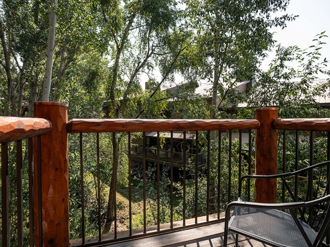A private deck nestled in the treetops offers peaceful views of lush greenery and neighboring rooftops, creating a serene retreat where you can unwind outdoors.