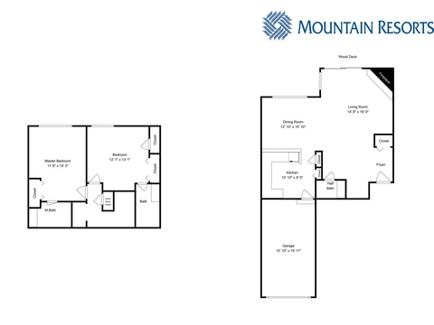 This floor plan shows your two bedrooms, two bathrooms, full kitchen, living and dining areas, garage, and wood deck—helping you envision how the space flows for your stay.
