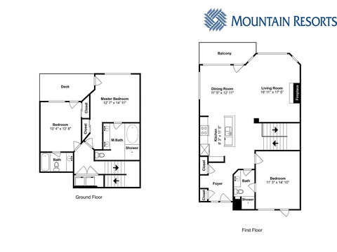 Multi-level floor plan showing three bedrooms, three baths, a full kitchen, dining and living areas, plus balcony and deck spaces—perfect for families or groups.