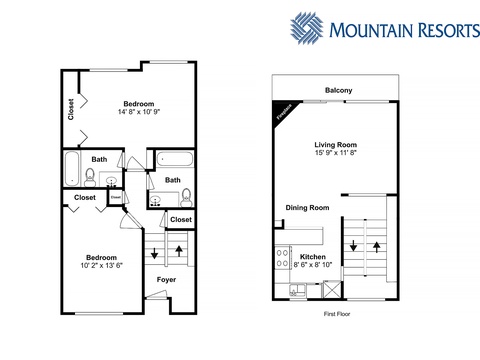A two-story floor plan shows two bedrooms, two bathrooms, an open living and dining area, a kitchen, and a private balcony, offering thoughtful space for your stay.