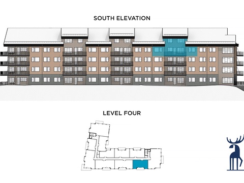 South elevation and Level Four floor plan of the property. The highlighted section in teal shows one of the residential units within the multi-level building.