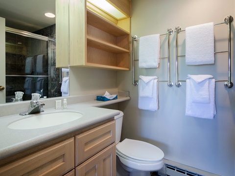 Crisp white towels await you in this modern bathroom, complete with a sleek vanity and a refreshing walk-in shower accented by dark tile.