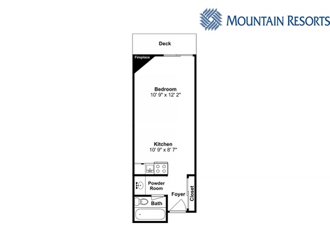 This floor plan shows a studio layout with a bedroom, full kitchen, bathroom, deck, and cozy fireplace—everything you need for a comfortable mountain getaway.