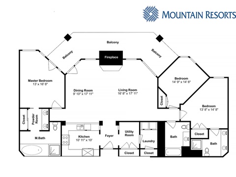 The spacious floor plan features three bedrooms, multiple bathrooms, a full kitchen, and three private balconies overlooking mountain views.