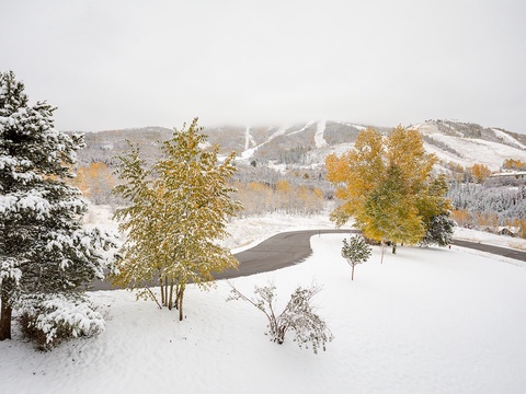 A scenic mountain landscape with ski slopes and seasonal foliage marks the surrounding area, offering a picturesque arrival setting.