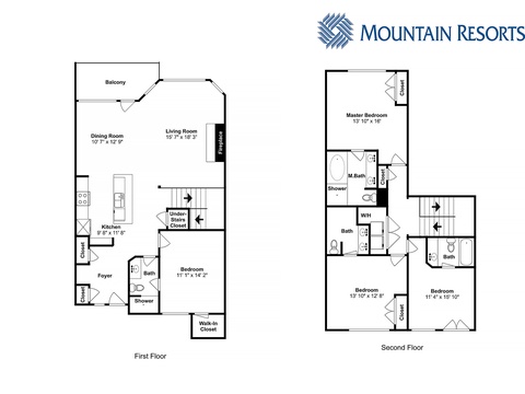 Two-level vacation rental floor plan showing a spacious four-bedroom, four-bath layout with open living spaces, modern kitchen, and private balcony.