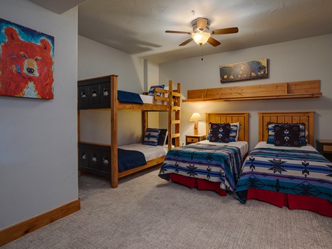 Your whole family can settle in together with bunk beds and twin beds, dressed in vibrant Southwestern patterns—perfect for kids who love adventure and coziness.