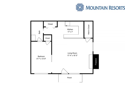A cozy one-bedroom floor plan featuring your own fully equipped kitchen, comfortable living room with fireplace, and a peaceful bedroom retreat with walk-in closet.