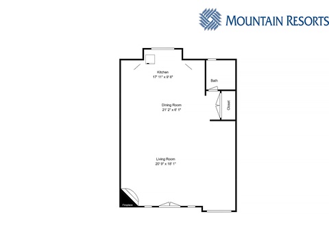 Floor plan diagram shows the spacious layout of your rental: a combined living and dining area, a full kitchen, bathroom with closet, and a cozy fireplace for relaxing evenings.