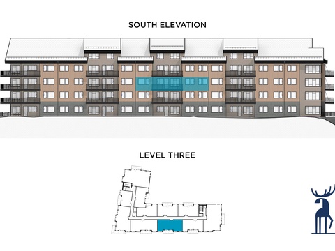 Property blueprint showing the south elevation and third-level floor plan, highlighting select unit locations with a centered balcony feature.