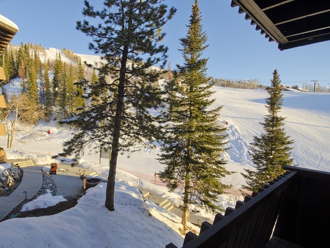 Slopeside location overlooking groomed ski runs, tall evergreens, and winter mountain scenery—ideal for a ski-in experience during your alpine getaway.