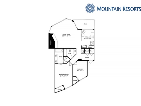 Floor plan showing two-bedroom layout with living area, full kitchen, deck, and bathroom with jetted tub and dual vanities—a perfect mountain retreat.