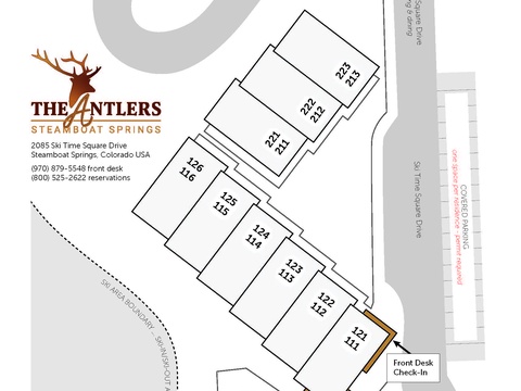 A comprehensive property map shows the layout of Antlers Steamboat Springs, highlighting guest rooms, the ski valet lounge, pool and hot tub area, and the T-Bar lounge—all set in the heart of Steamboat Springs.