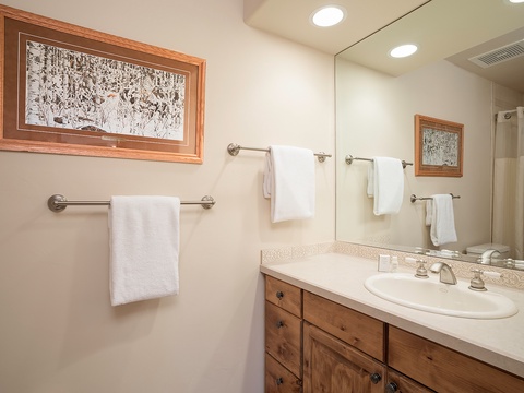 Freshen up in your private bathroom featuring warm wood details, elegant artwork, and plush towels waiting just for you.