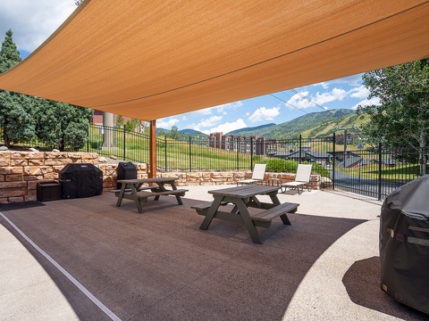 Shaded outdoor area with picnic tables and multiple grills framed by stunning mountain views—perfect for casual cookouts and gathering with friends or family in the fresh air.