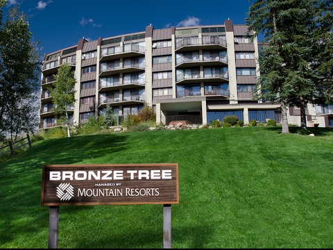 Bronze Tree managed by Mountain Resorts is a multi-level property surrounded by lush green lawns and mature trees, offering a welcoming mountain retreat setting.