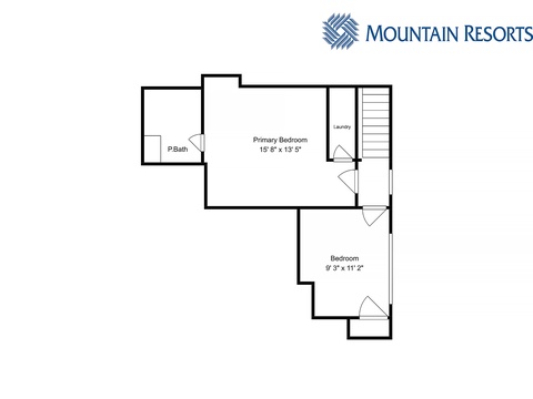 This floor plan shows two bedrooms with private bath and laundry facilities, giving you a clear view of the layout and room dimensions before your stay.