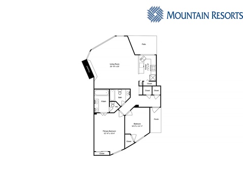 This floor plan shows your two-bedroom layout with an open living area, full kitchen, patio access, and two bathrooms—one with a soaking tub.