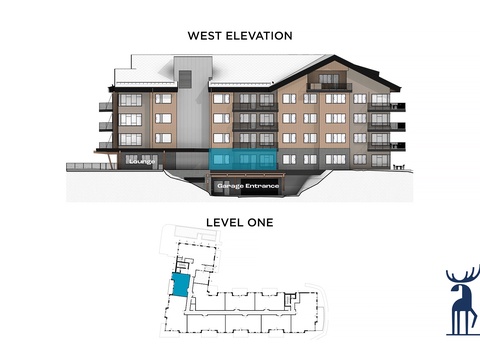 A detailed architectural elevation and floor plan for Level One of the property, showing the west-facing exterior with garage entrance and an individual unit highlighted in blue.