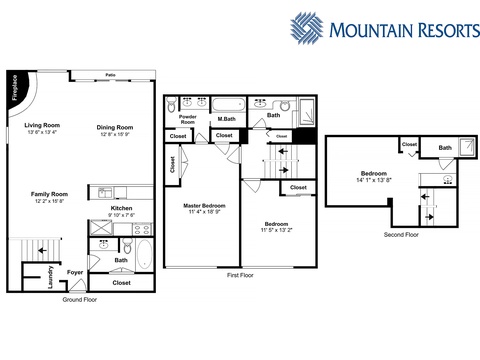 This floor plan shows a spacious three-story layout with multiple bedrooms, bathrooms, living areas, and a patio—perfect for visualizing your mountain getaway.