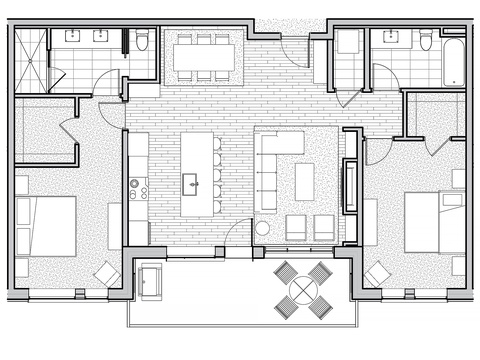 This thoughtfully designed floor plan shows a spacious two-bedroom retreat with open-concept living, a well-equipped kitchen, two full bathrooms, and a generous balcony for outdoor relaxation.