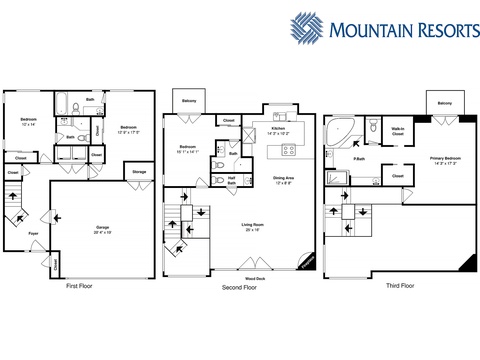 Three-story floor plan showing multiple bedrooms with private balconies, spacious living areas, full kitchen, garage, and cozy dining spaces throughout.