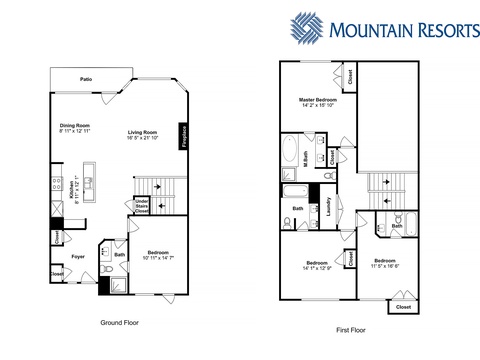 Two-story vacation home with four bedrooms, three baths, full kitchen, dining and living spaces, patio, and laundry—plenty of room for the whole family.