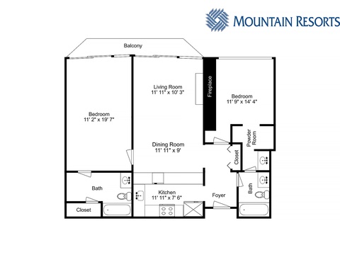 This two-bedroom mountain retreat layout with balcony, fireplace, and full kitchen gives you space to unwind after adventures on the slopes.