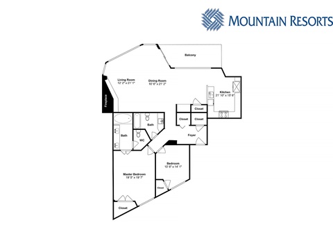 This floor plan shows a spacious two-bedroom layout with open living and dining areas, a full kitchen, dual bathrooms, and a private balcony for outdoor relaxation.