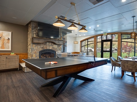 A stylish game room features a ping pong table and stone fireplace, with natural light streaming through arched windows overlooking the scenic grounds.
