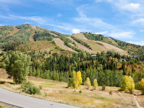 Mountain landscape showcasing seasonal foliage, nearby ski slopes, and natural beauty surrounding the property.