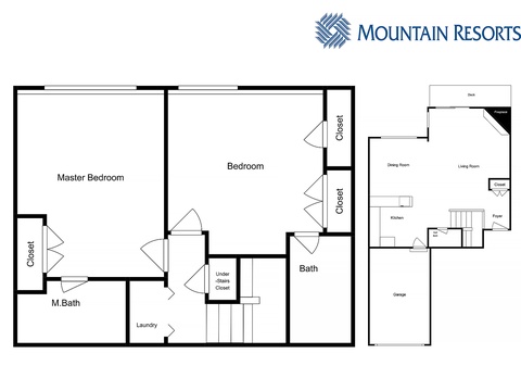 Spacious two-story floor plan featuring two bedrooms with generous closets, dual bathrooms including an en-suite master bath, convenient laundry room, and attached garage with deck access.