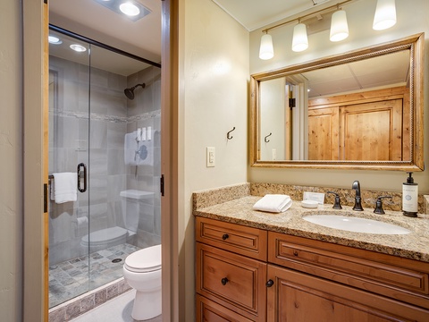 Refresh in this elegantly designed bathroom with granite countertops, soft vanity lighting, and a spacious walk-in shower stocked with plush towels and premium toiletries.