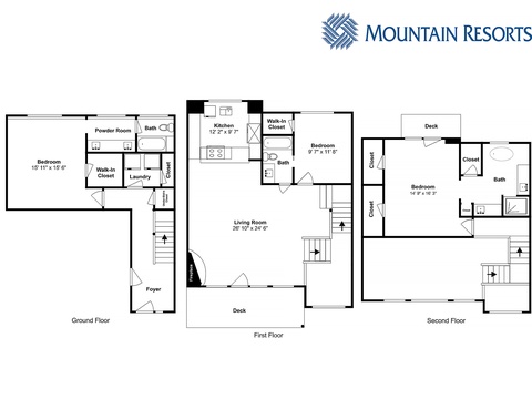 This floor plan shows the layout of your multi-level vacation rental, including three bedrooms, bathrooms, kitchen, living areas, and outdoor decks for your stay.